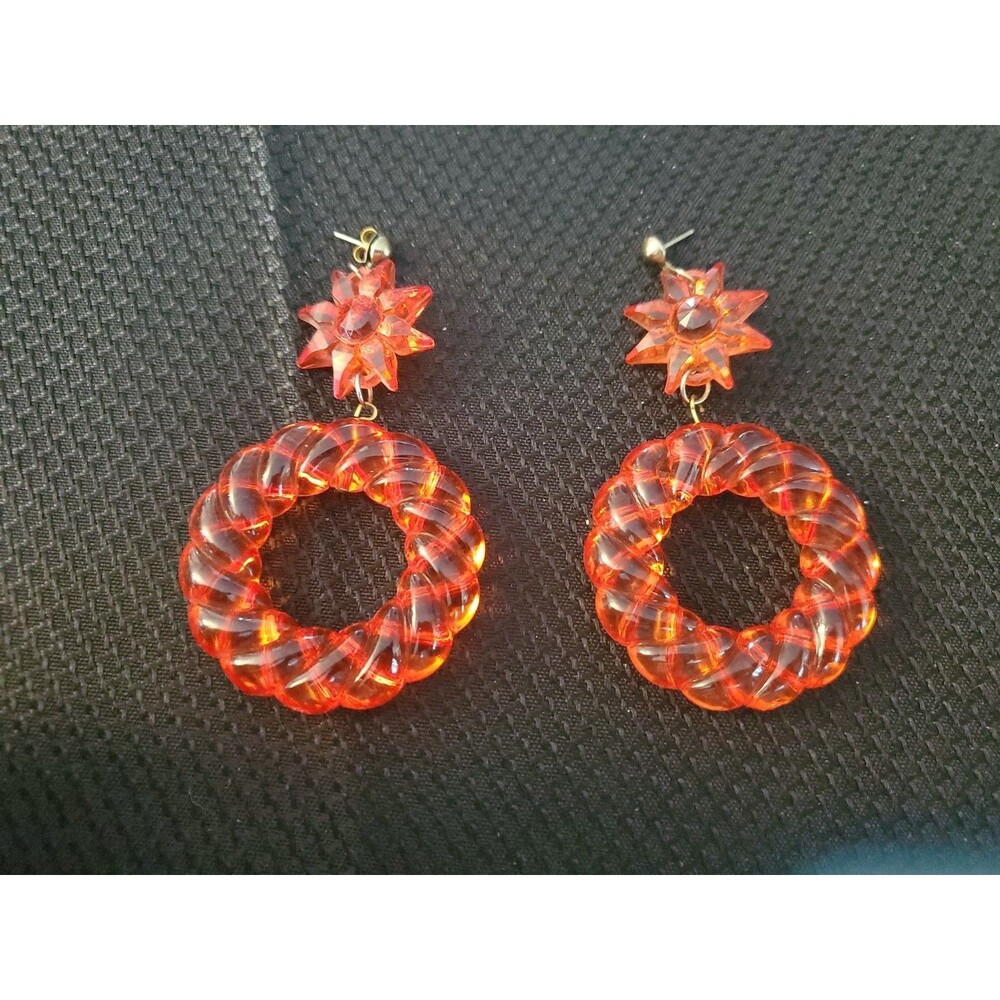 Vtg Red Lucite Starburst & Wreath Dangle Drop Pierced Earrings 80s Flair Retro